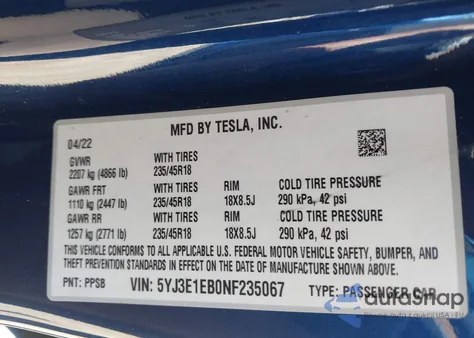 2022 Tesla Model 3 Long Range Dual Motor All-Wheel Drive from USA, damaged, VIN 5YJ3E1EB0NF235067